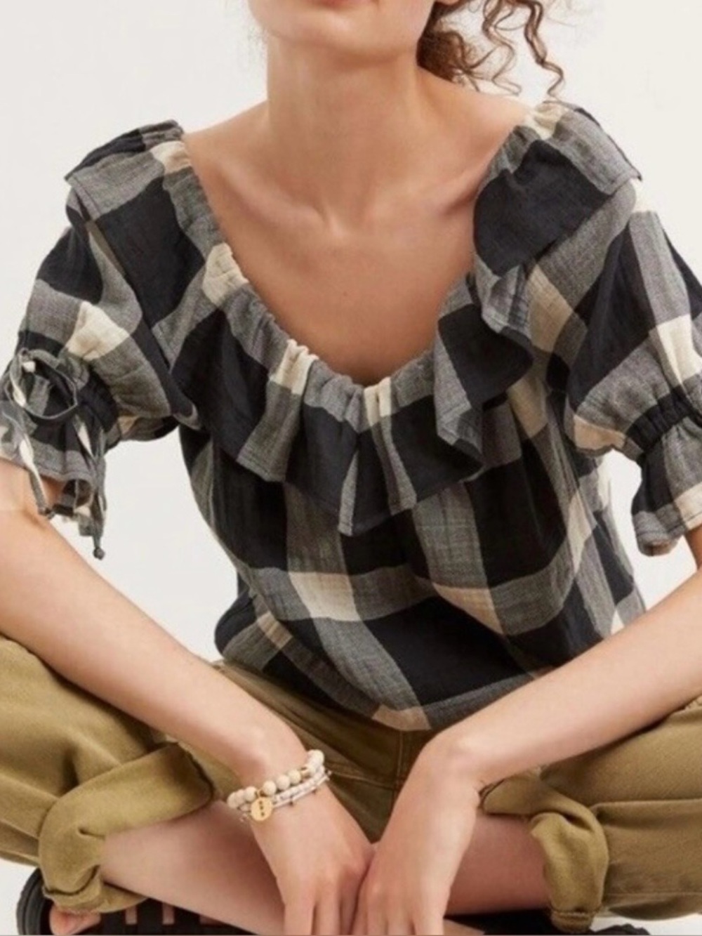 Anthropologie Portidge gingham check cotton flannel ruffle neck blouse tie sleev